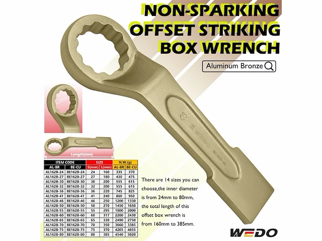 Wedo slagmoersleutel gebogen niet fonkelend aluminium bronzen sw 50 mm lengte 270 mm - afbeelding 2 van  5