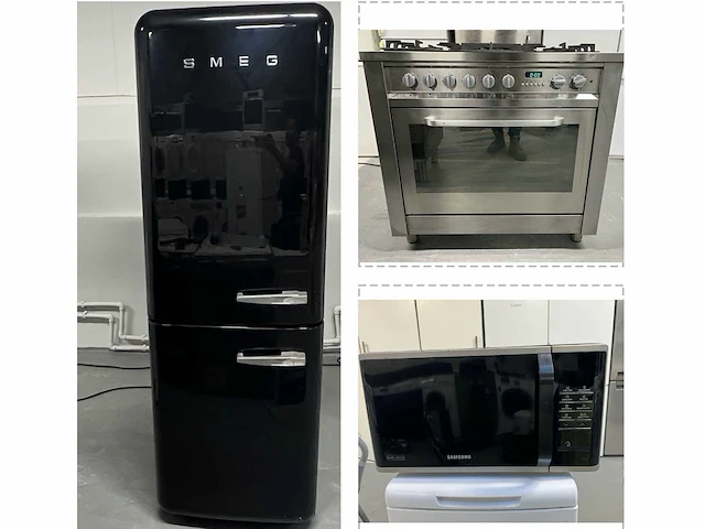 Whirlpool,samsung - smeg zwart koelkast+ ariston 5 pits gasfornuis rvs +samsung combimagnetron - afbeelding 1 van  22