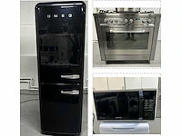Whirlpool,samsung - smeg zwart koelkast+ ariston 5 pits gasfornuis rvs +samsung combimagnetron