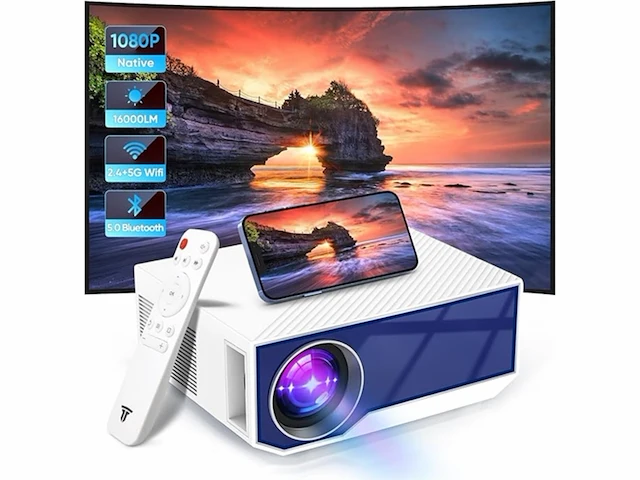 Wifi projector, bluetooth projector, draagbare mini projector, 16000 lumen, native full hd 1080p, buiten slimme projector wit - afbeelding 1 van  3