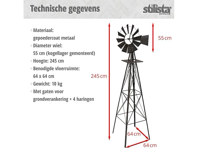 Windmolen hoogte 245 cm, rotor 55 cm stilista - afbeelding 2 van  5