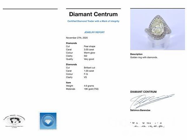 Witgouden bijzondere diamanten ring met een pear shape diamant van 3.00 carat - afbeelding 7 van  7