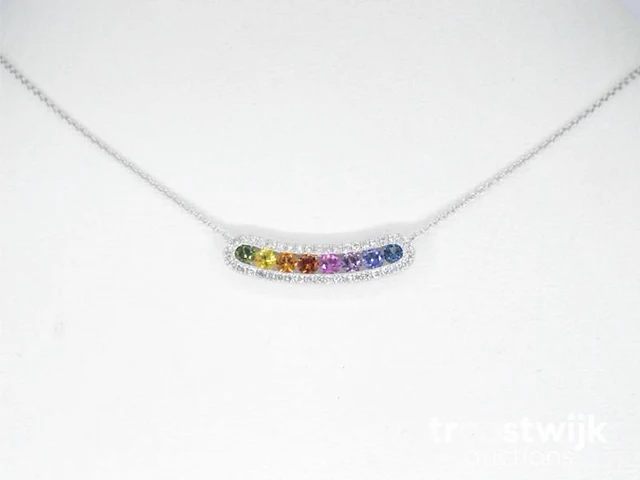 Witgouden collier met multi colour saffieren en diamanten in een rij gezet - afbeelding 1 van  6