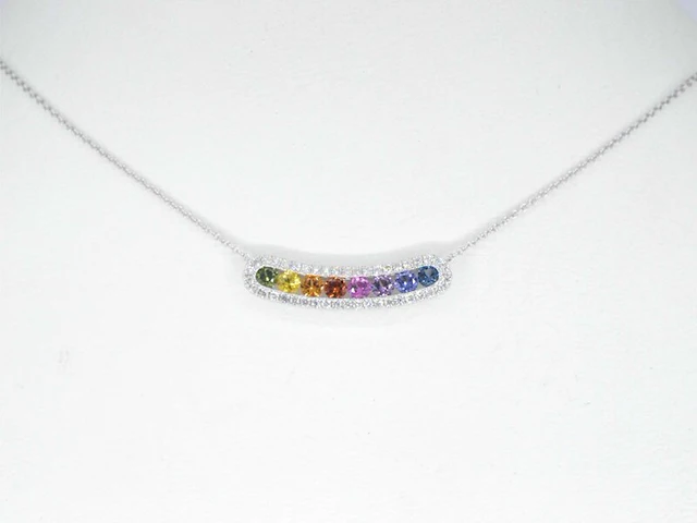 Witgouden collier met multi colour saffieren en diamanten in een rij gezet - afbeelding 1 van  8