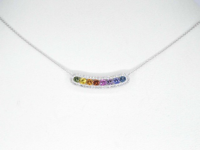 Witgouden collier met multi colour saffieren en diamanten in een rij gezet - afbeelding 1 van  6