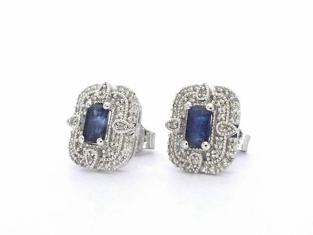 Witgouden design oorbellen met diamanten en saffier - afbeelding 3 van  9