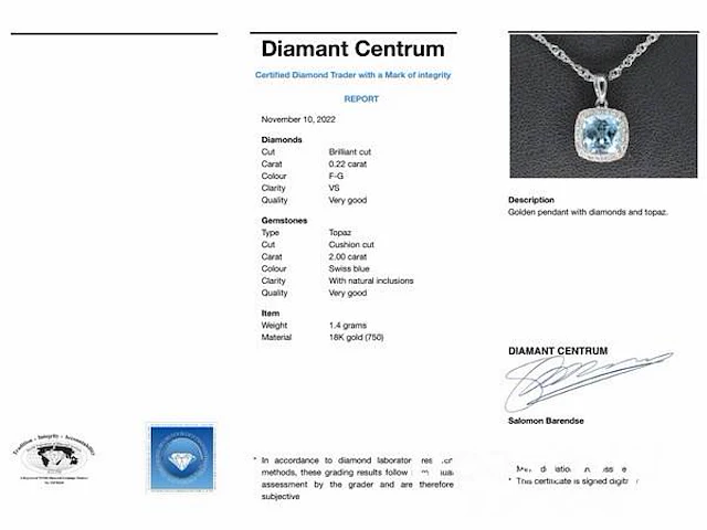 Witgouden entourage hanger bezet met topaas en diamanten - afbeelding 7 van  7