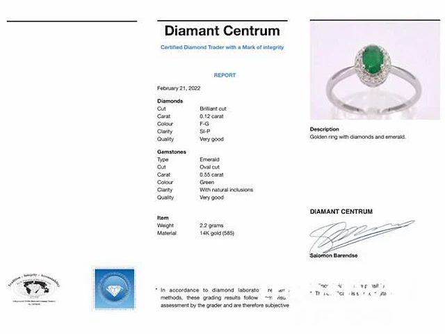Witgouden entourage ring met diamanten en smaragd - afbeelding 2 van  10