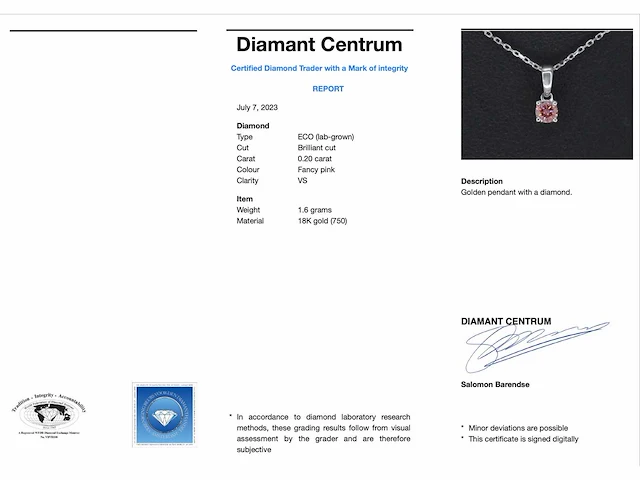 Witgouden halsketting met een roze diamant 0.20 carat - afbeelding 3 van  7