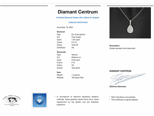 Witgouden hanger met een druppelvorm briljant van 1.00 carat - afbeelding 3 van  9