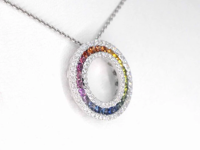 Witgouden hanger met multi colour saffieren en diamanten in een cirkel gezet, excl. ketting - afbeelding 4 van  8