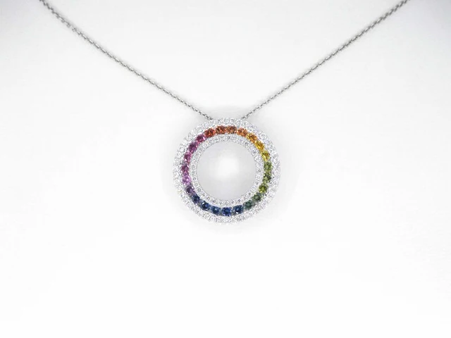 Witgouden hanger met multi colour saffieren en diamanten in een cirkel gezet, excl. ketting - afbeelding 2 van  8