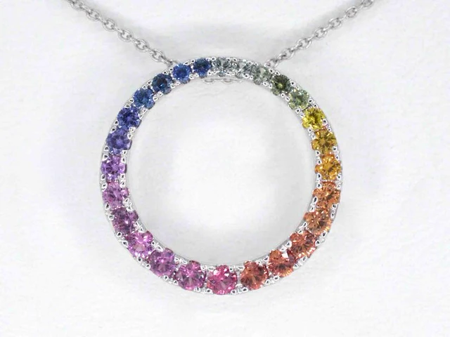 Witgouden hanger met multi colour saffieren in een cirkel gezet, excl. ketting - afbeelding 1 van  9
