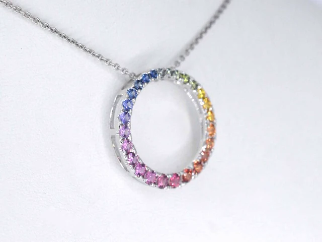 Witgouden hanger met multi colour saffieren in een cirkel gezet, excl. ketting - afbeelding 4 van  9