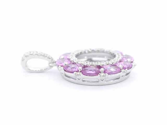 Witgouden hanger met roze saffieren en diamanten in een cirkel gezet - afbeelding 5 van  8