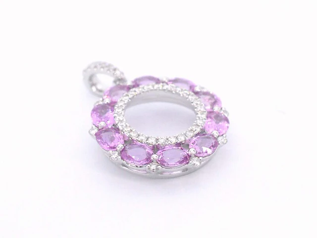 Witgouden hanger met roze saffieren en diamanten in een cirkel gezet - afbeelding 6 van  8