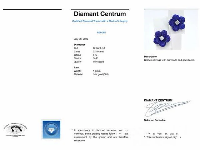 Witgouden oorbellen 0.18 carat met blauwe edele bloem en grote diamanten - afbeelding 9 van  9