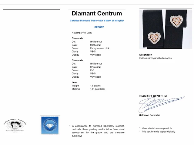 Witgouden oorbellen hart diamant roze wit - afbeelding 3 van  9