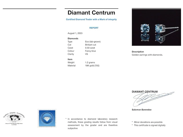 Witgouden oorbellen met blauwe diamanten 0.50 carat - afbeelding 3 van  9