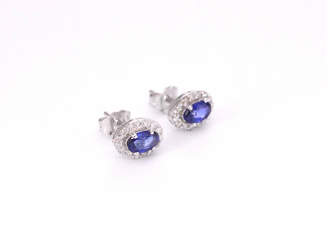 Witgouden oorbellen met diamanten en saffier set 4 - afbeelding 7 van  8