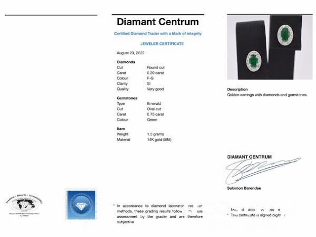 Witgouden oorbellen met diamanten en smaragd - afbeelding 6 van  6