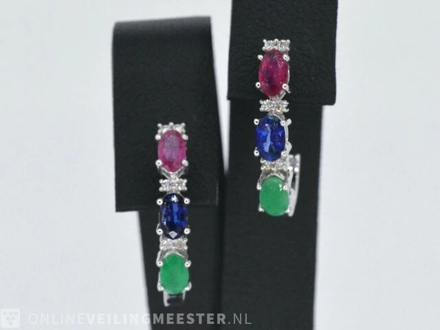Witgouden oorbellen met multicolour edelstenen en diamant - afbeelding 1 van  6