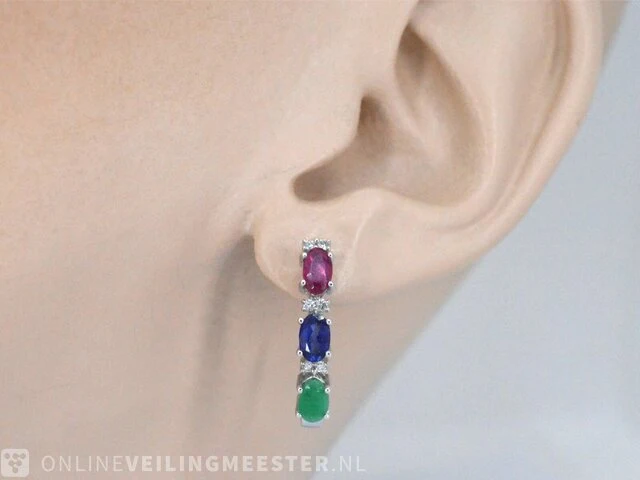 Witgouden oorbellen met multicolour edelstenen en diamant - afbeelding 2 van  6