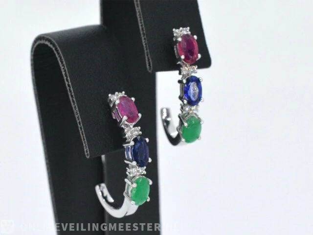 Witgouden oorbellen met multicolour edelstenen en diamant - afbeelding 4 van  6