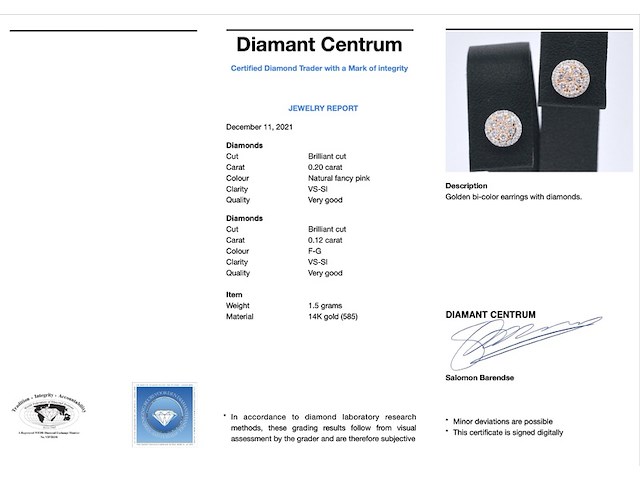 Witgouden oorbellen met natuurlijke roze en witte diamant - afbeelding 3 van  8