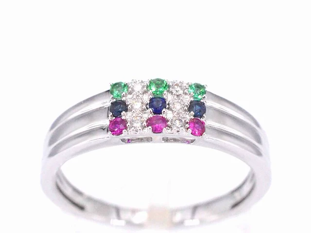Witgouden ring met diamant en multicolour edelstenen - afbeelding 1 van  7