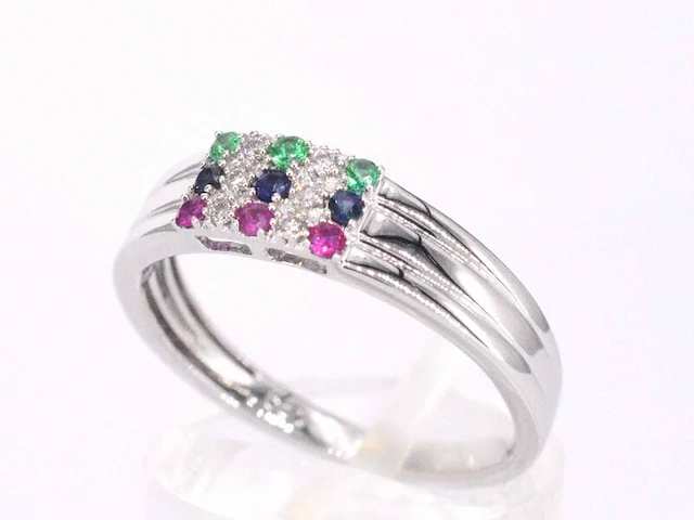 Witgouden ring met diamant en multicolour edelstenen - afbeelding 2 van  7