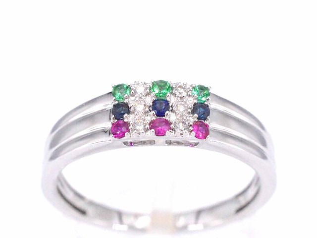 Witgouden ring met diamant en multicolour edelstenen - afbeelding 1 van  9