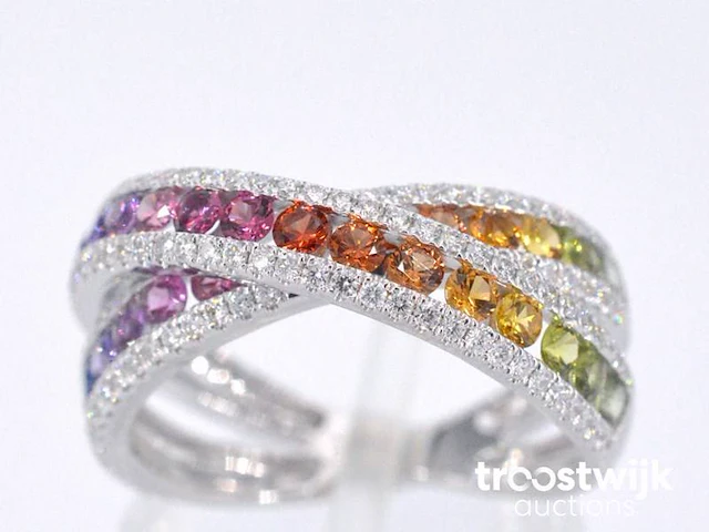 Witgouden ring met diamanten en multicolour saffieren - afbeelding 1 van  10