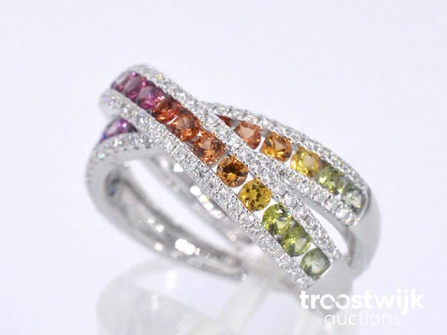Witgouden ring met diamanten en multicolour saffieren - afbeelding 5 van  10