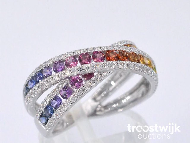 Witgouden ring met diamanten en multicolour saffieren - afbeelding 6 van  10