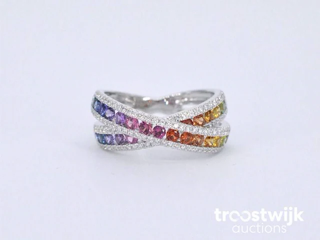 Witgouden ring met diamanten en multicolour saffieren - afbeelding 7 van  10