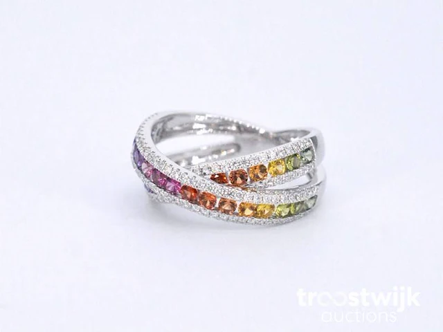 Witgouden ring met diamanten en multicolour saffieren - afbeelding 9 van  10