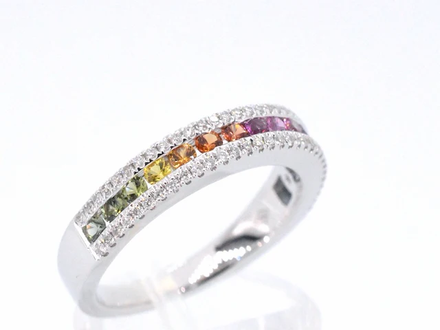 Witgouden ring met diamanten en multicolour saffieren - afbeelding 4 van  11