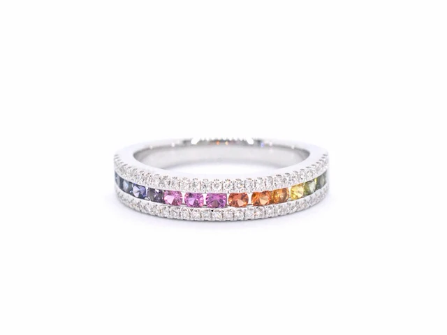 Witgouden ring met diamanten en multicolour saffieren - afbeelding 6 van  11