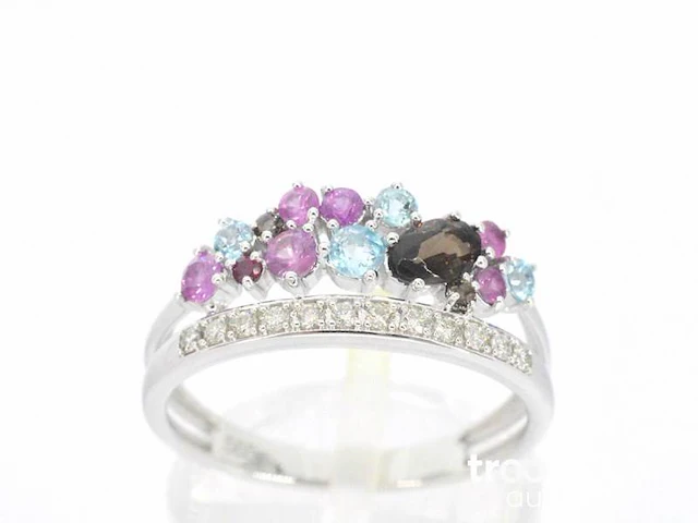 Witgouden ring met diamanten en prachtige edelstenen - afbeelding 1 van  9