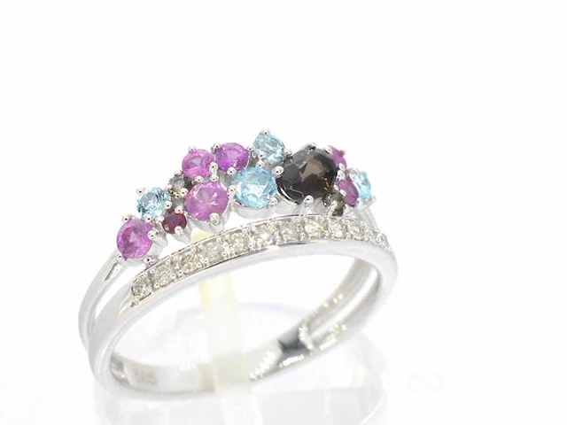 Witgouden ring met diamanten en prachtige edelstenen - afbeelding 4 van  9