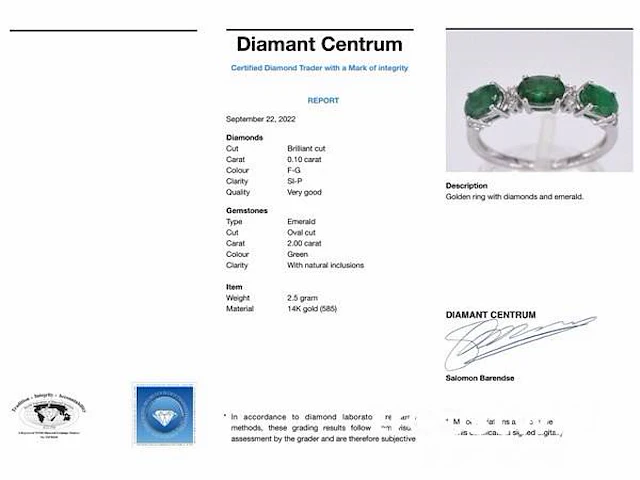 Witgouden ring met diamanten en smaragd - afbeelding 2 van  10