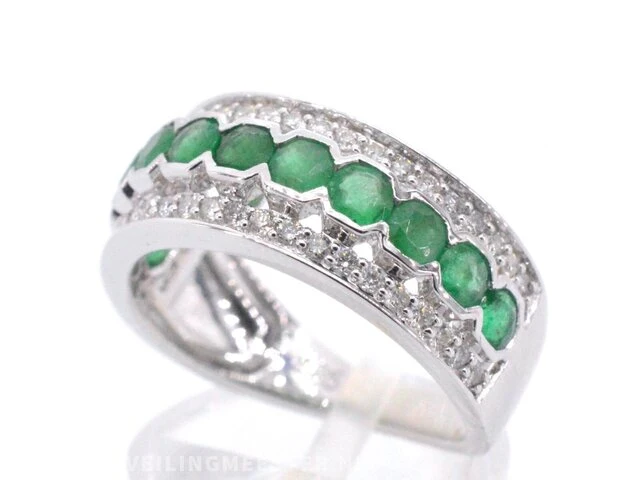 Witgouden ring met diamanten en smaragd - afbeelding 4 van  7