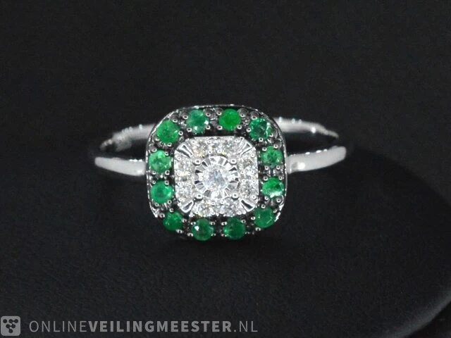 Witgouden ring met diamanten en smaragd - afbeelding 5 van  6