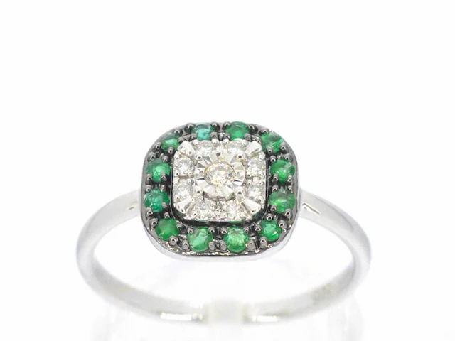 Witgouden ring met diamanten en smaragd - afbeelding 1 van  9