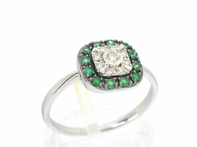 Witgouden ring met diamanten en smaragd - afbeelding 4 van  9