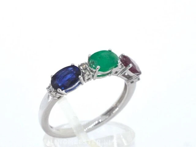 Witgouden ring met diamanten, saffier, robijn en smaragd - afbeelding 5 van  10