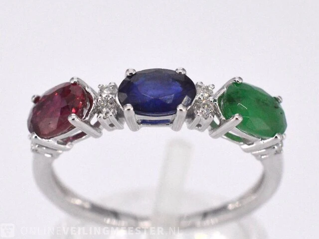 Witgouden ring met diamanten, saffier, robijn en smaragd - afbeelding 1 van  9