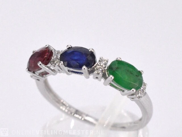 Witgouden ring met diamanten, saffier, robijn en smaragd - afbeelding 4 van  9