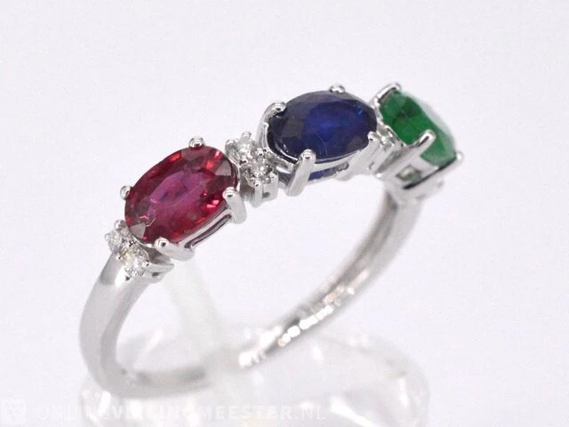 Witgouden ring met diamanten, saffier, robijn en smaragd - afbeelding 5 van  9
